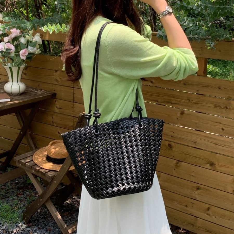 Openwork Woven Top-Handle Bucket Bag
