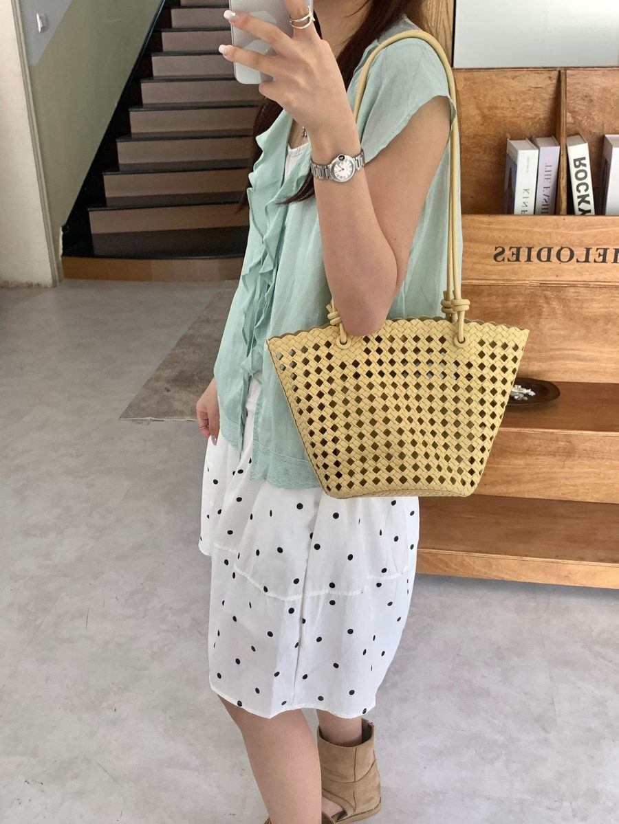 Openwork Woven Top-Handle Bucket Bag view 12