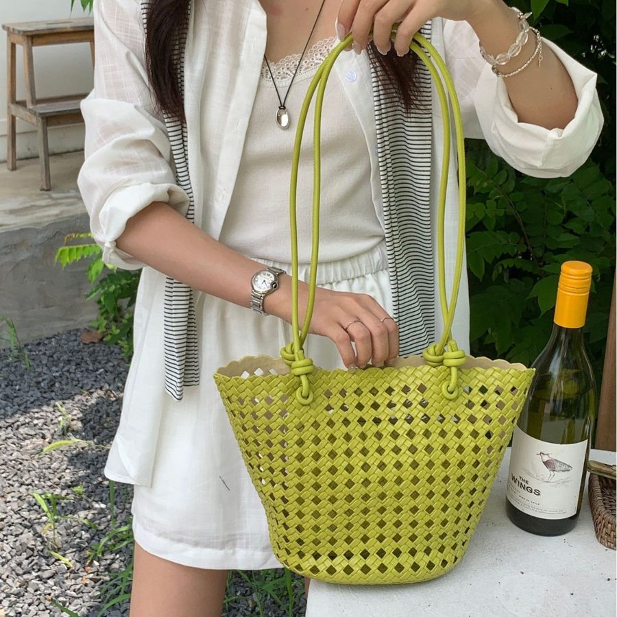 Openwork Woven Top-Handle Bucket Bag view 2