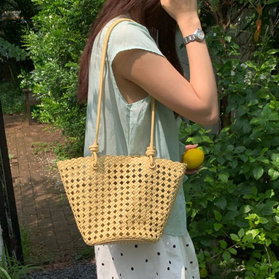 Openwork Woven Top-Handle Bucket Bag view 3