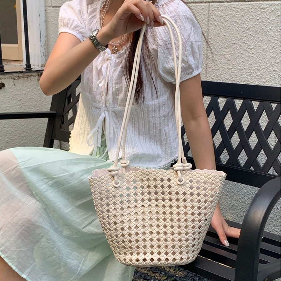 Openwork Woven Top-Handle Bucket Bag view 4