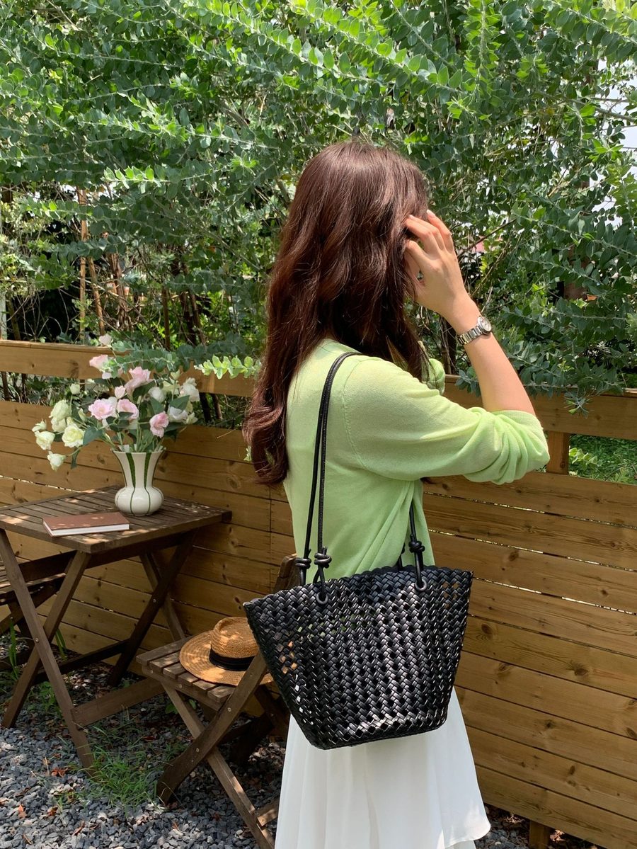 Openwork Woven Top-Handle Bucket Bag view 6