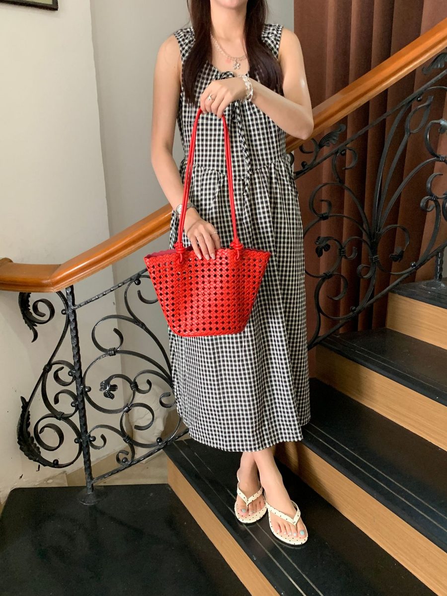Openwork Woven Top-Handle Bucket Bag view 7