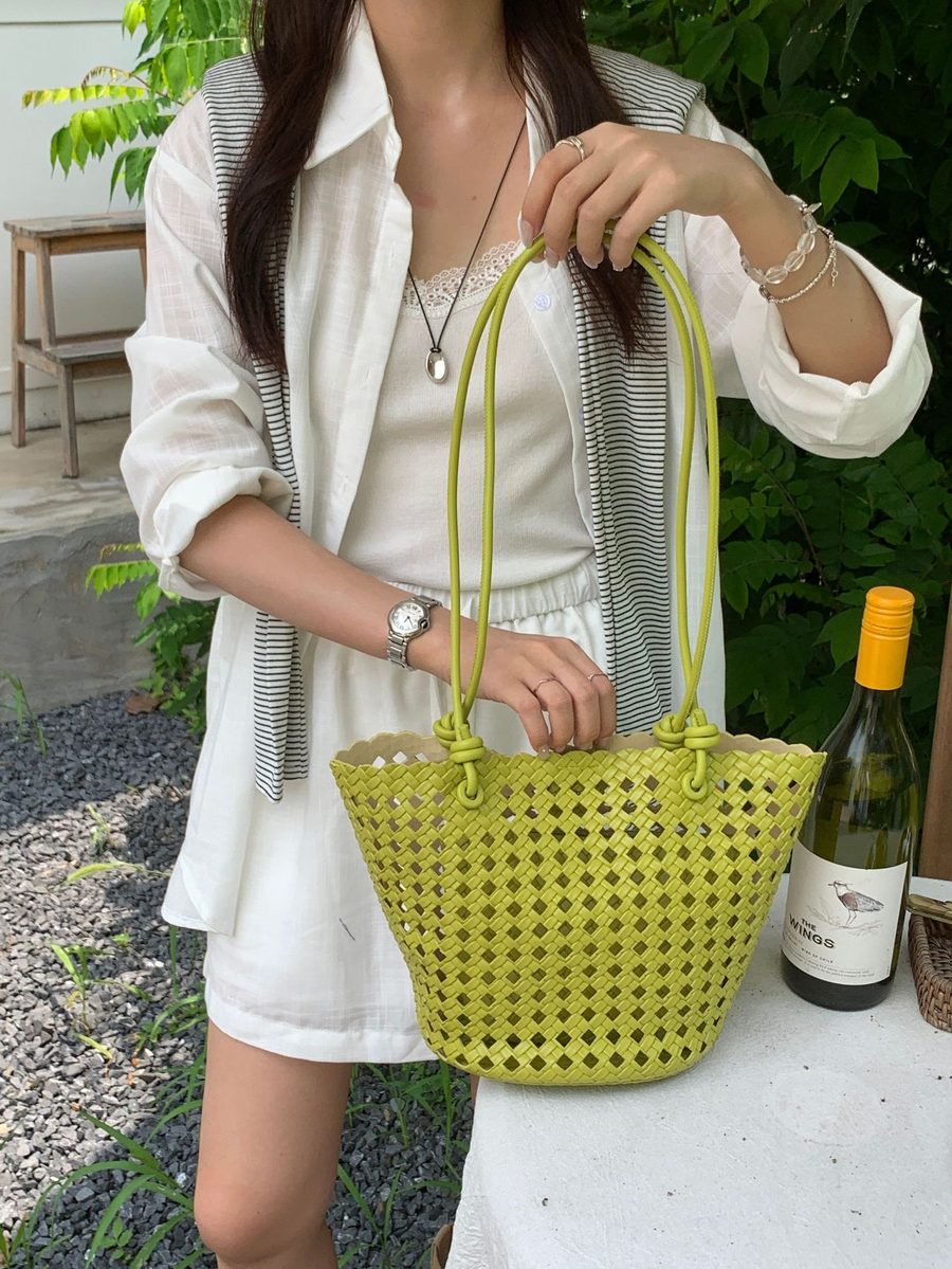 Openwork Woven Top-Handle Bucket Bag view 8