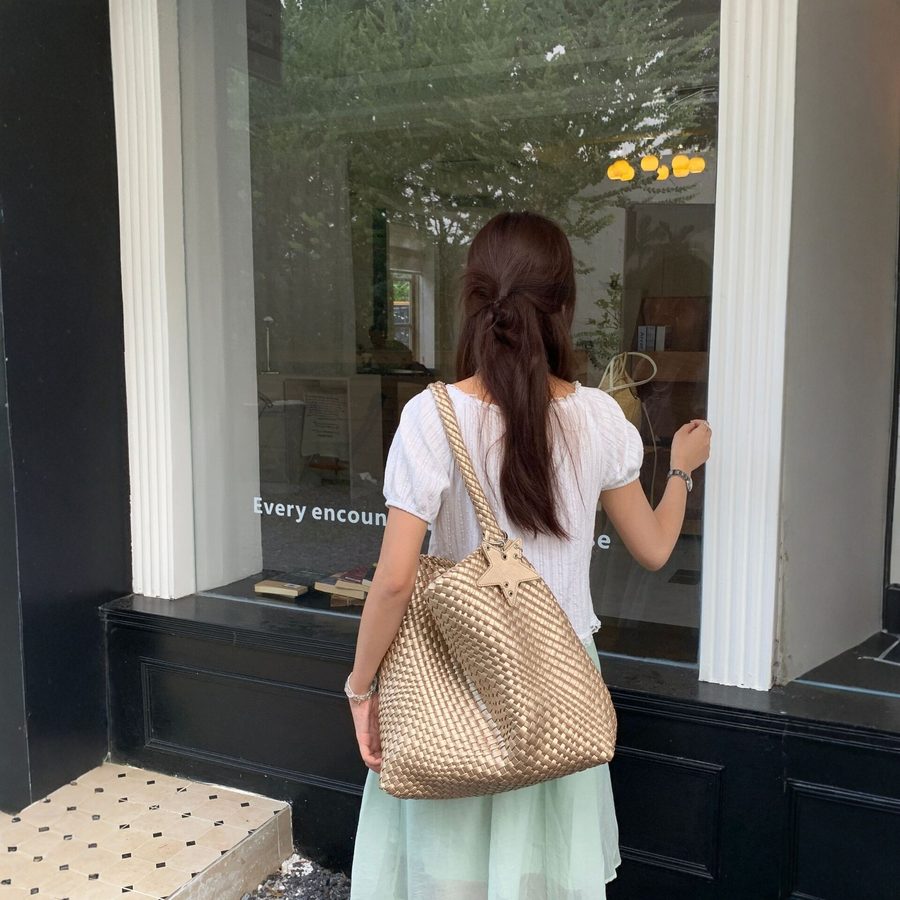 Champagne Woven Basket Tote Bag view 3