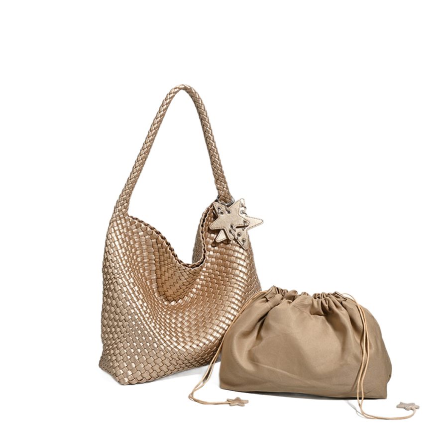 Champagne Woven Basket Tote Bag view 5