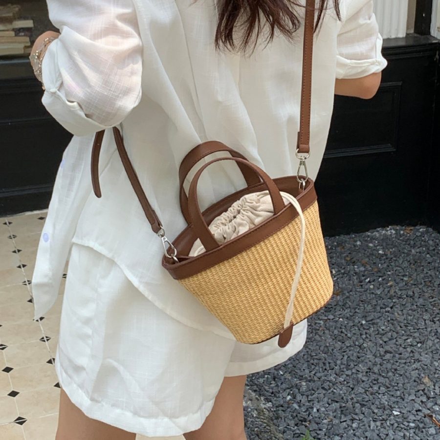 Drawstring Woven Straw Bucket Bag