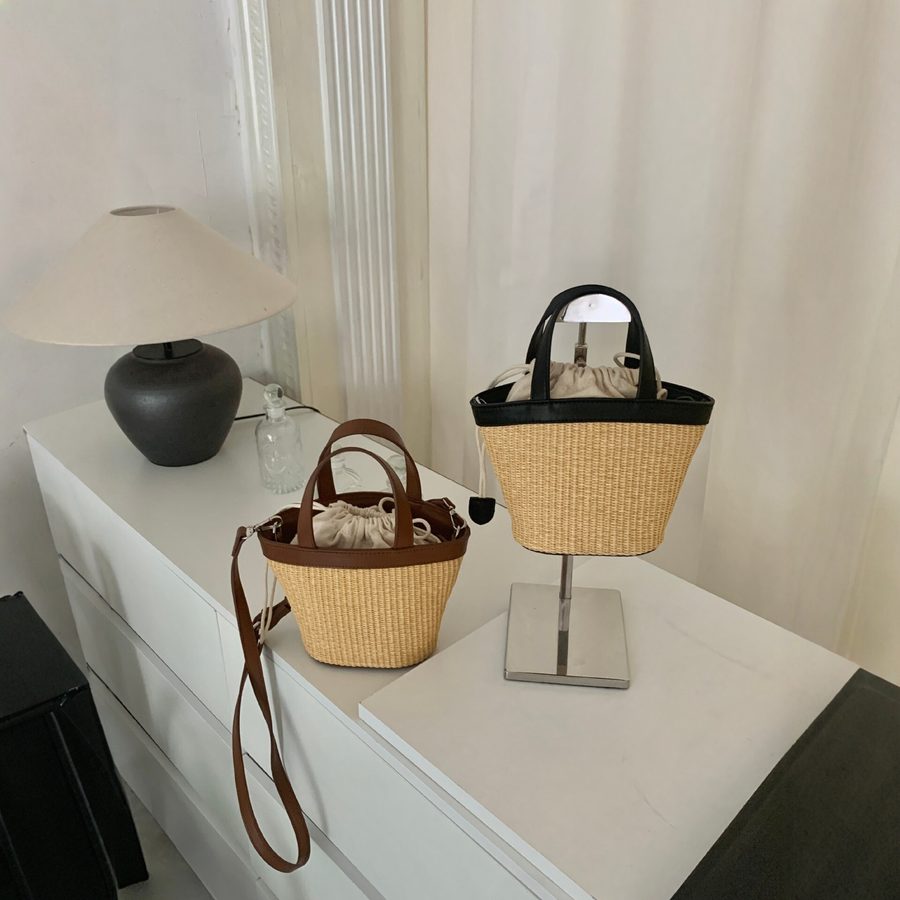 Drawstring Woven Straw Bucket Bag view 2