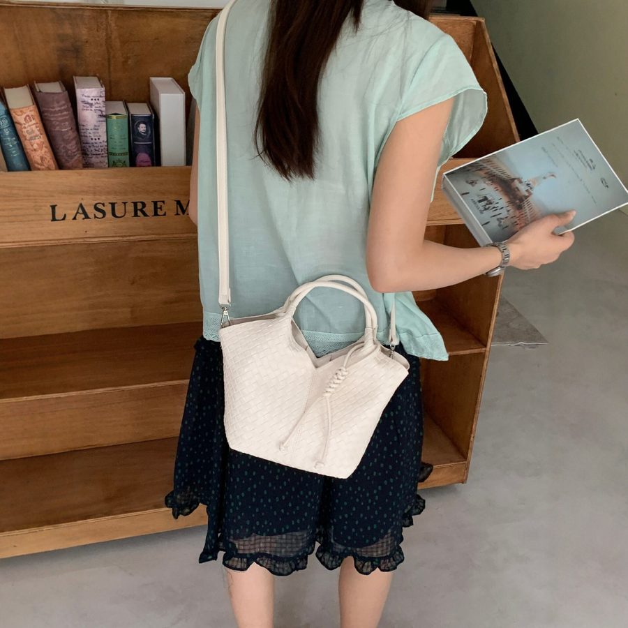 Soft Leather Woven Basket Bucket Bag view 3