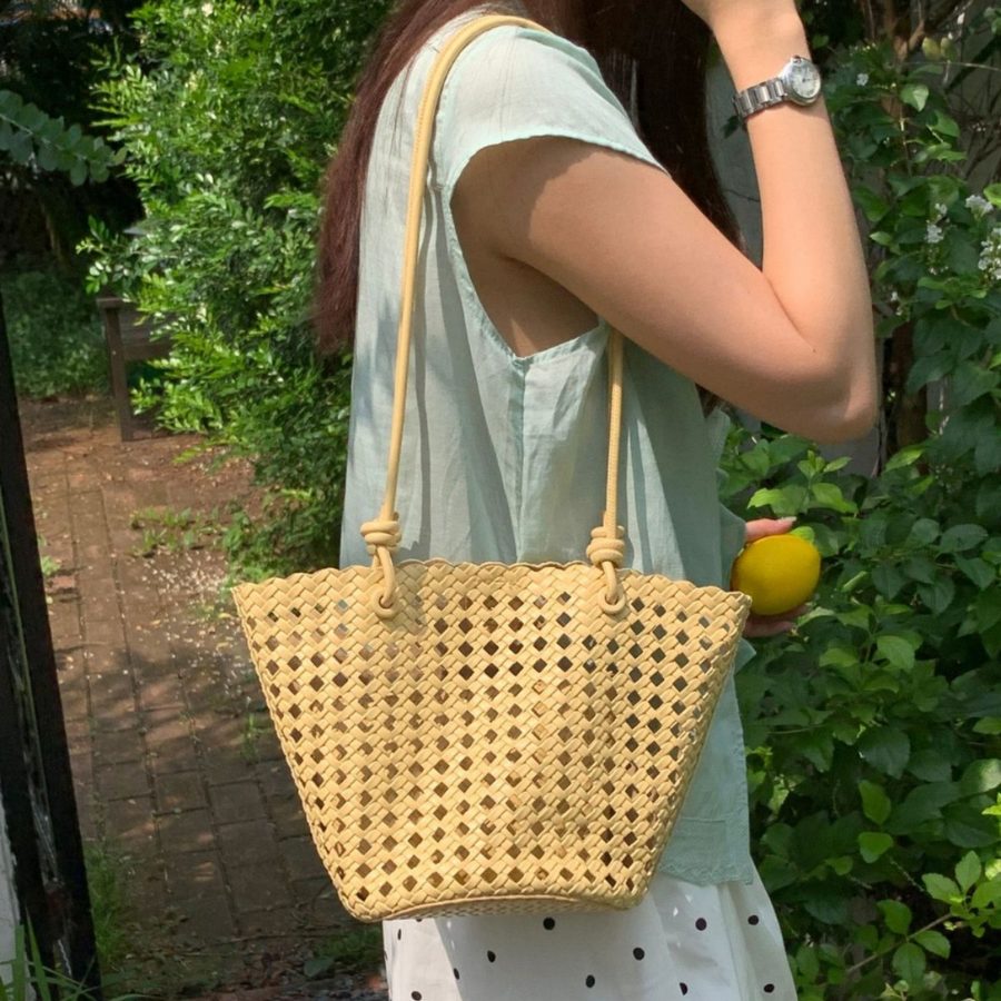 French Hollow-Out Woven Bucket Tote Bag