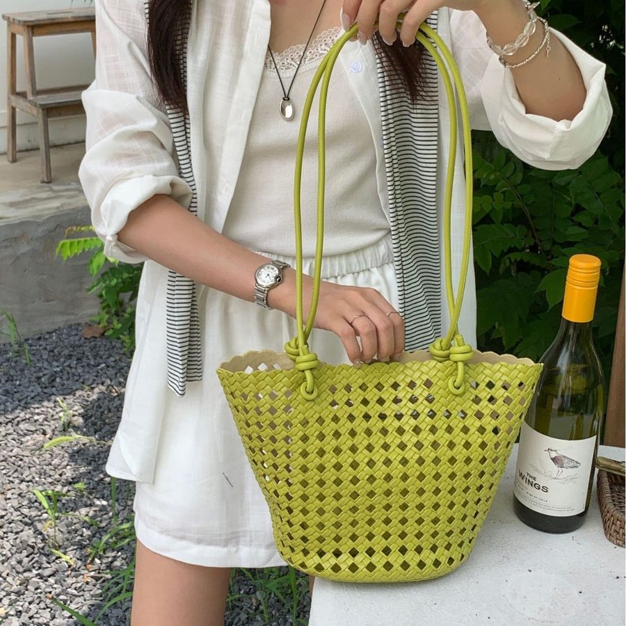 French Hollow-Out Woven Bucket Tote Bag view 4
