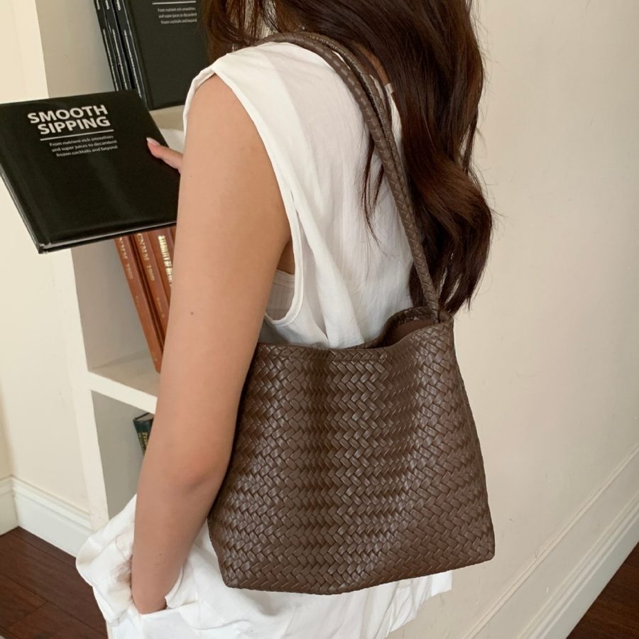 Woven Soft Leather Top-Handle Basket Bag