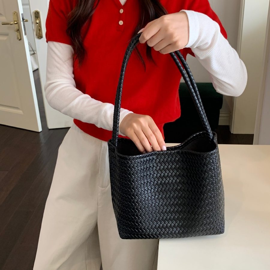 Woven Soft Leather Top-Handle Basket Bag view 2