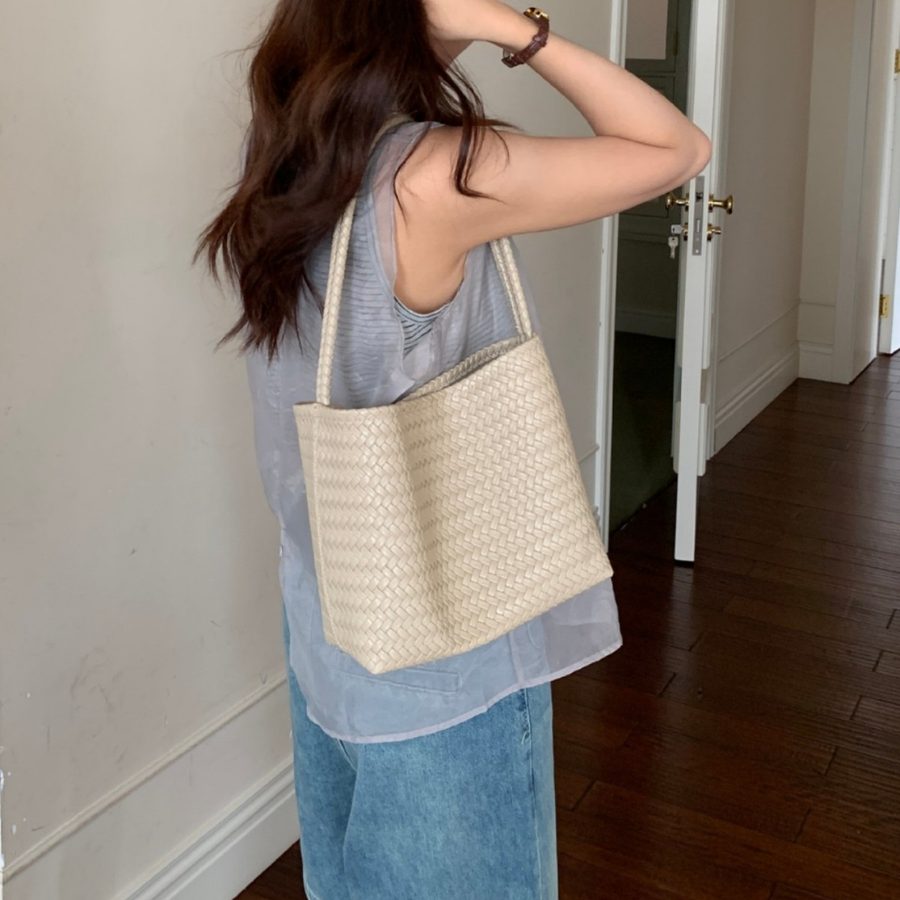 Woven Soft Leather Top-Handle Basket Bag view 4