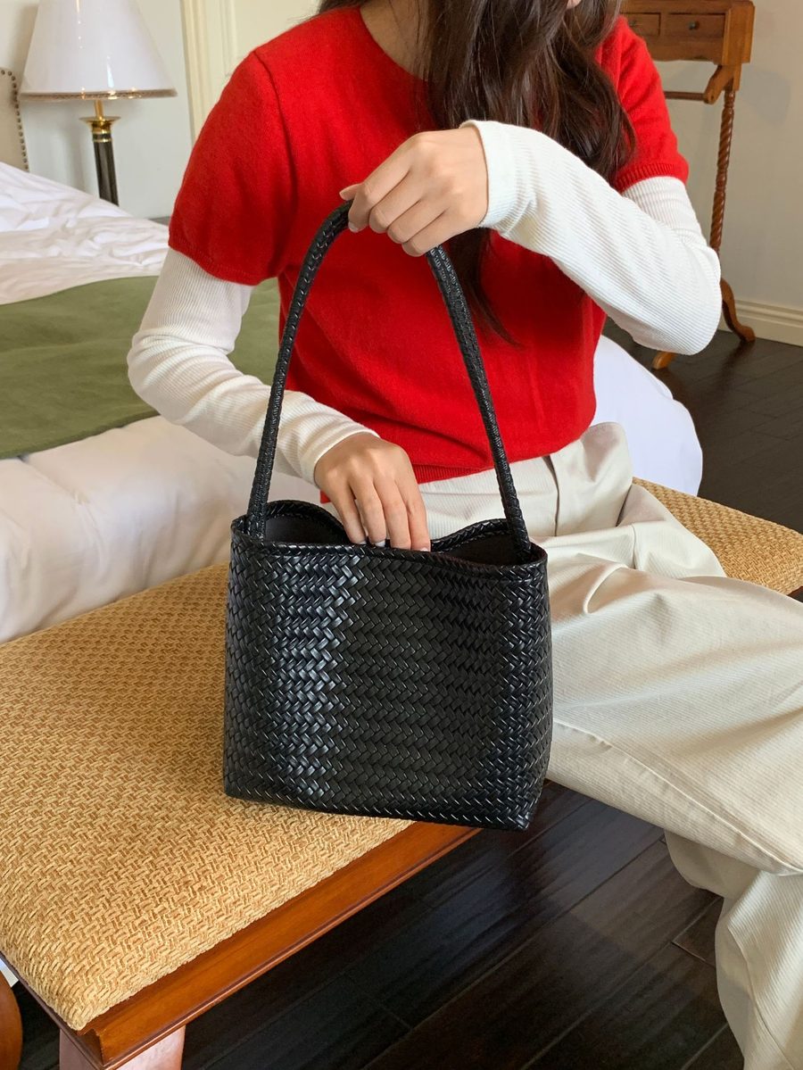 Woven Soft Leather Top-Handle Basket Bag view 6