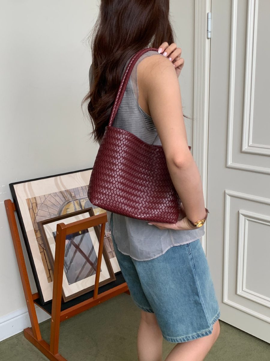 Woven Soft Leather Top-Handle Basket Bag view 8