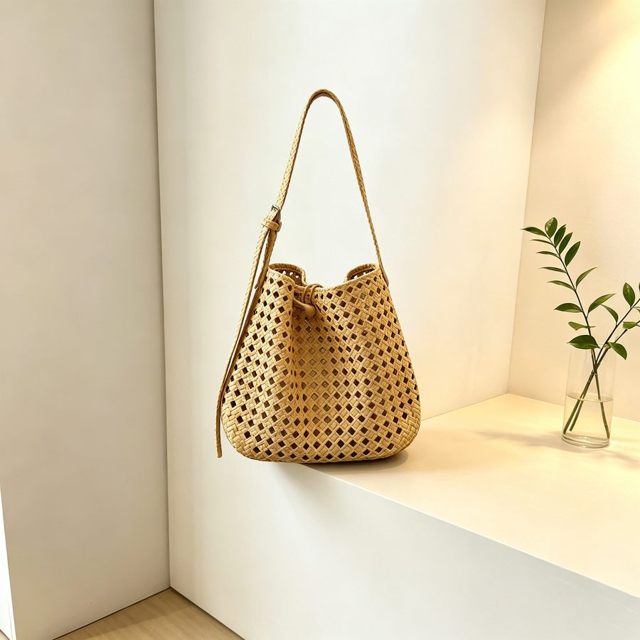 Openwork Woven Bucket Tote Bag