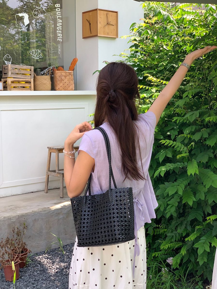 Soft Leather Woven Basket Tote Bag view 6