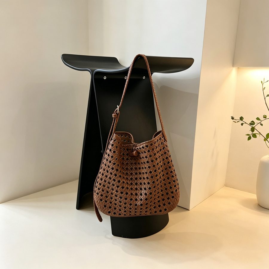 Openwork Woven Bucket Crossbody Bag