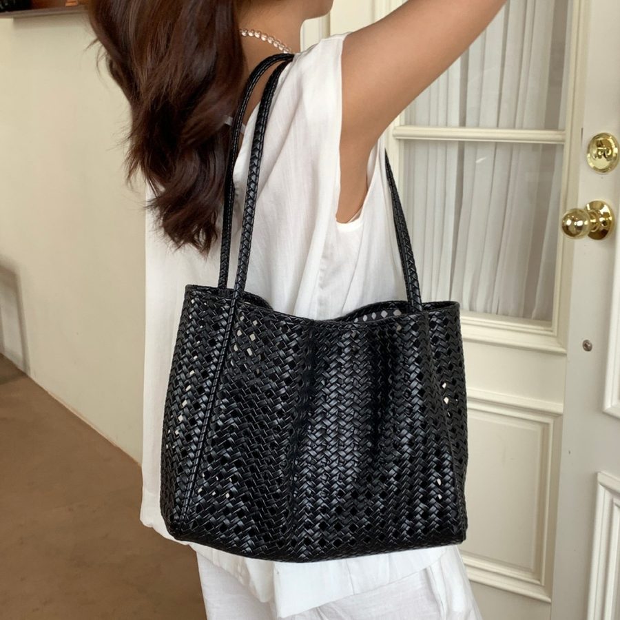 Openwork Woven Bucket Tote Bag