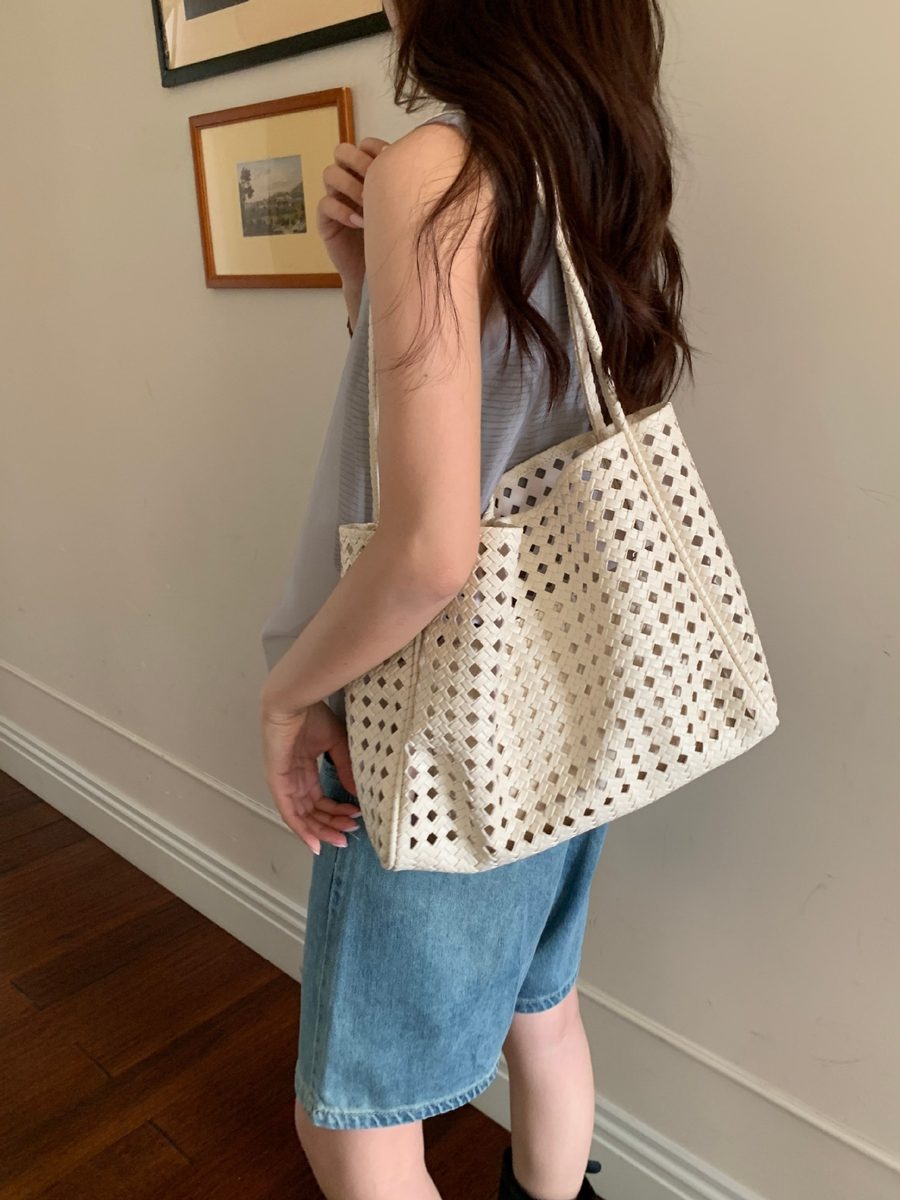 Openwork Woven Bucket Tote Bag view 7