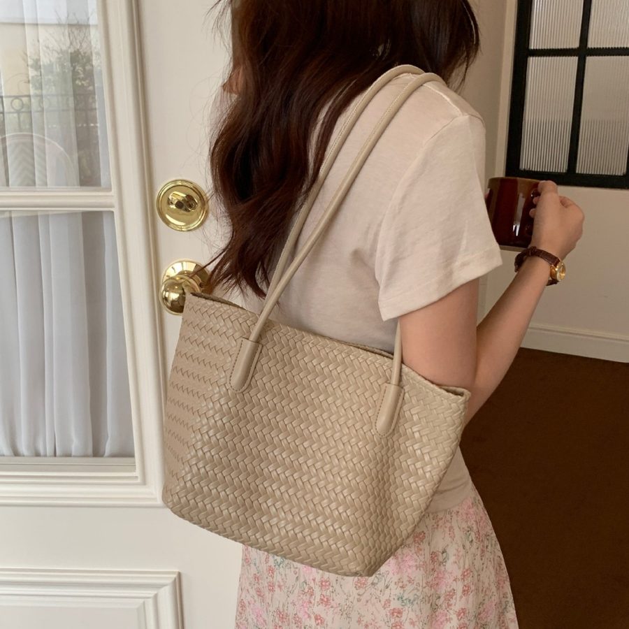 Soft Leather Woven Basket Tote Bag