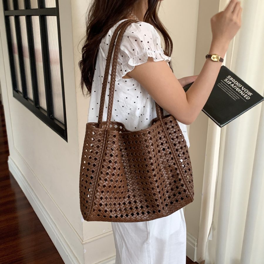 Openwork Woven Basket Tote Bag