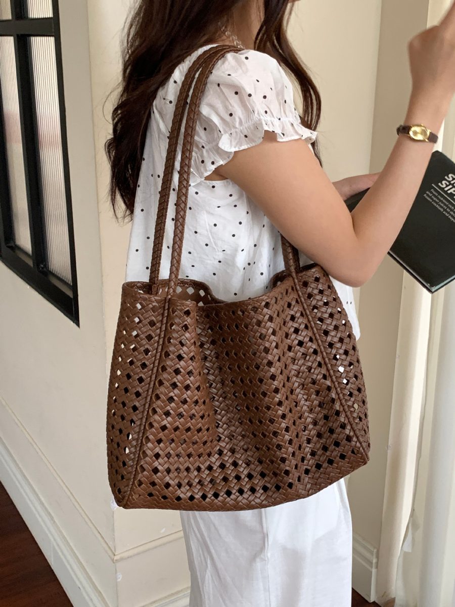 Openwork Woven Basket Tote Bag view 8