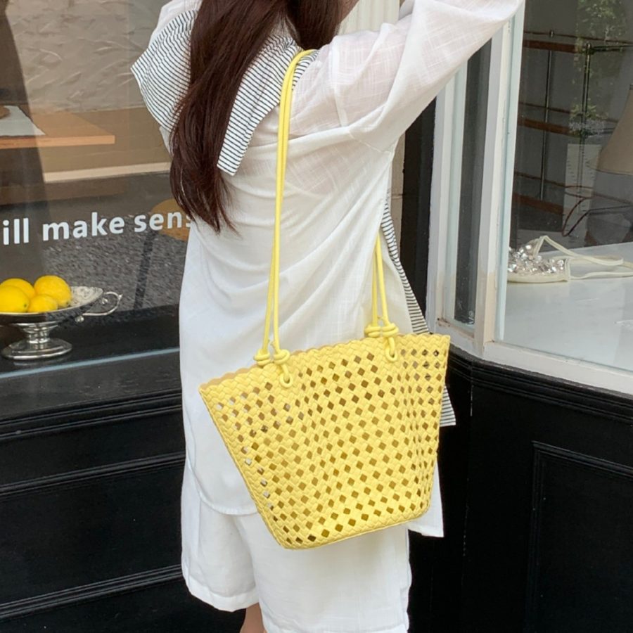 Openwork Woven Basket Bucket Bag