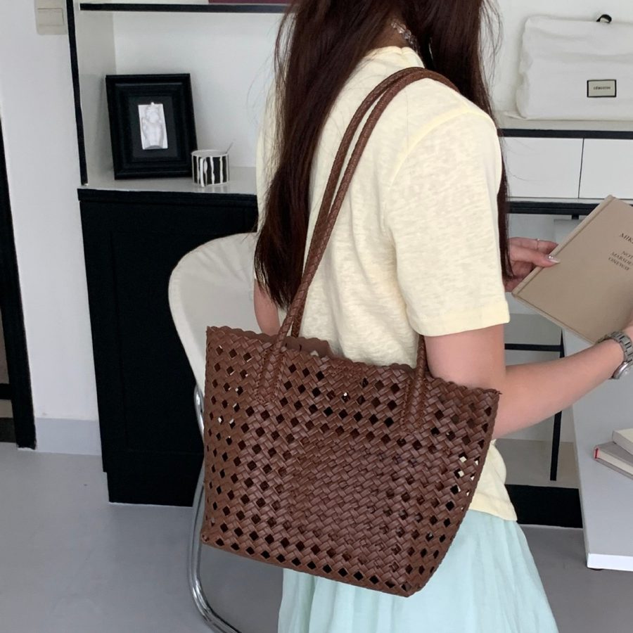 Openwork Woven Basket Tote Shoulder Bag view 3
