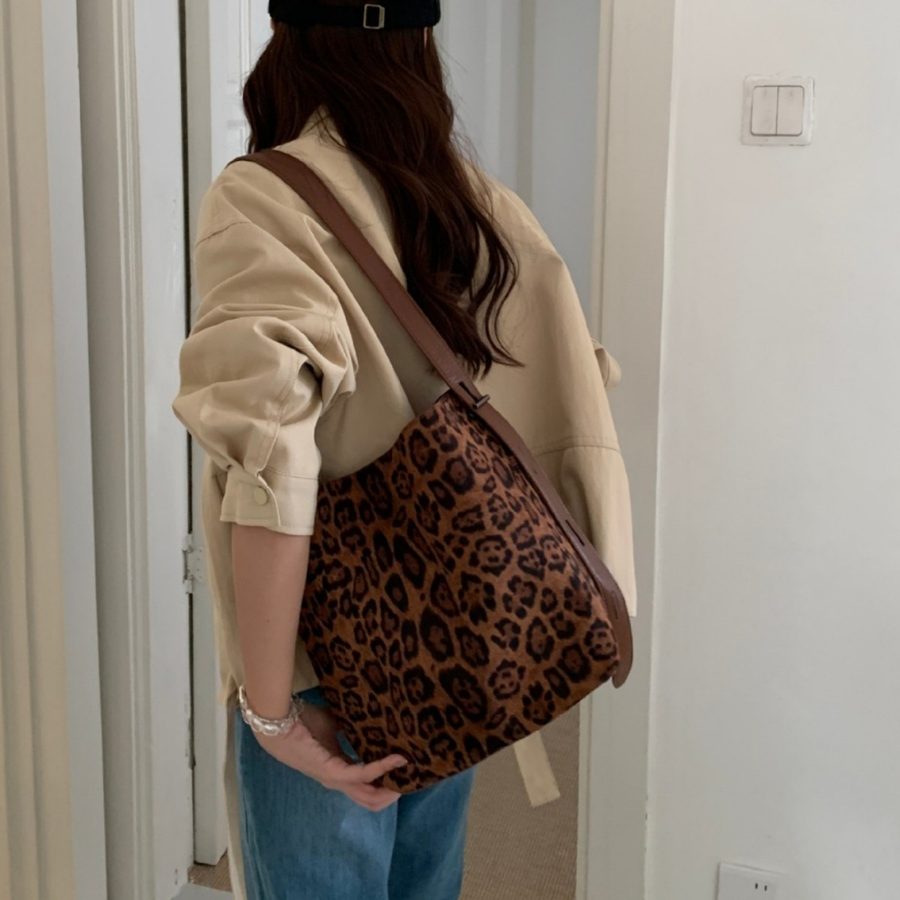 Leopard Suede Bucket Bag Large Crossbody