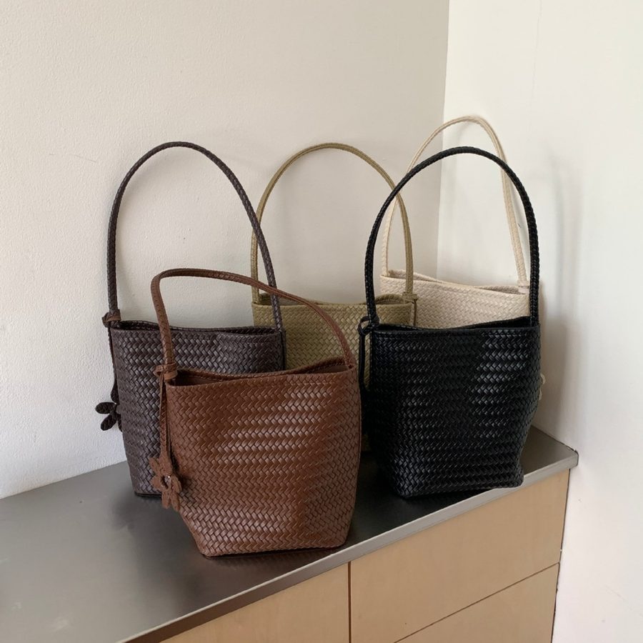 Woven Soft Leather Bucket Hobo Shoulder Bag