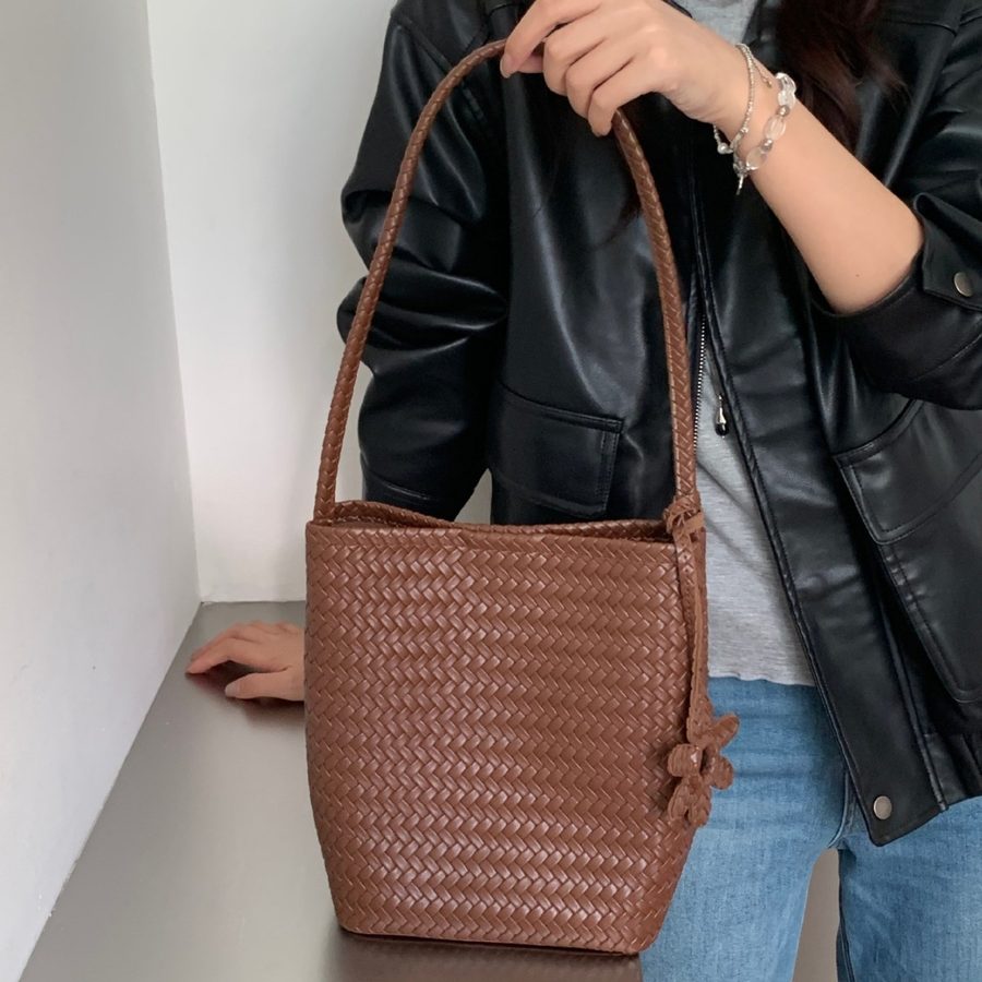 Woven Soft Leather Bucket Hobo Shoulder Bag view 2