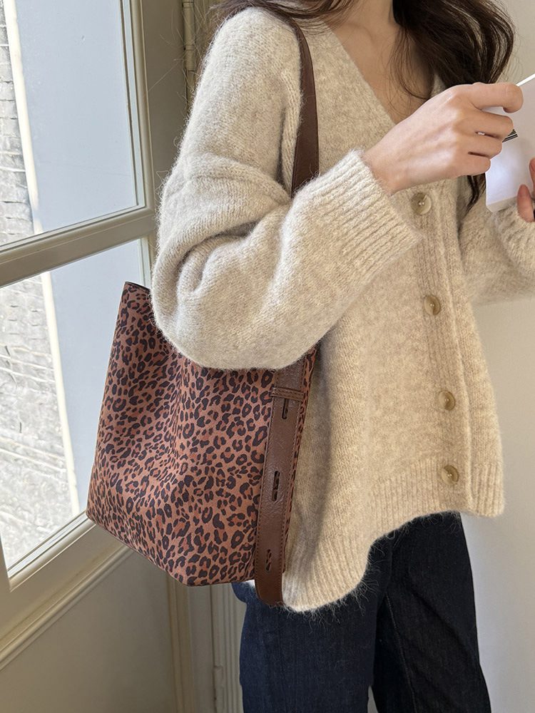 Leopard Print Suede Bucket Bag Crossbody Shoulder view 8
