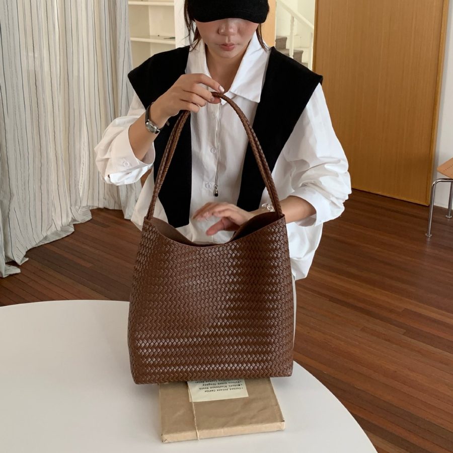 Woven Bucket Bag Soft Leather Shoulder Crossbody view 3