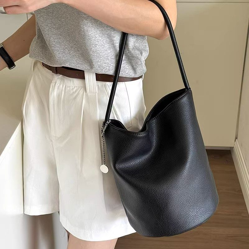 Litchi Grain Soft Leather Bucket Bag