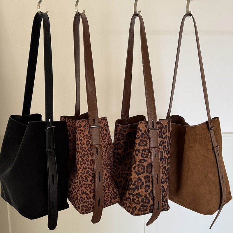 Suede Leopard Bucket Tote Bag