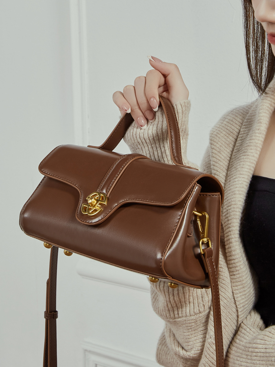 YY-CRO-011 cowhide lockclasp mini top-handle crossbody in brown — wholesale designer crossbody manufacturer YANYAN