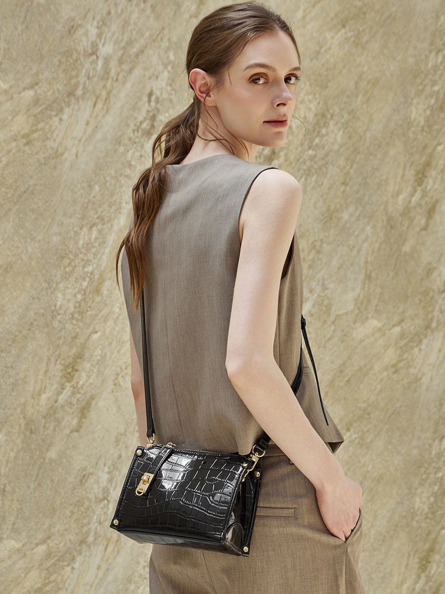 Croc-Pattern Mini Square Shoulder Crossbody — Two-Colour Boutique view 3