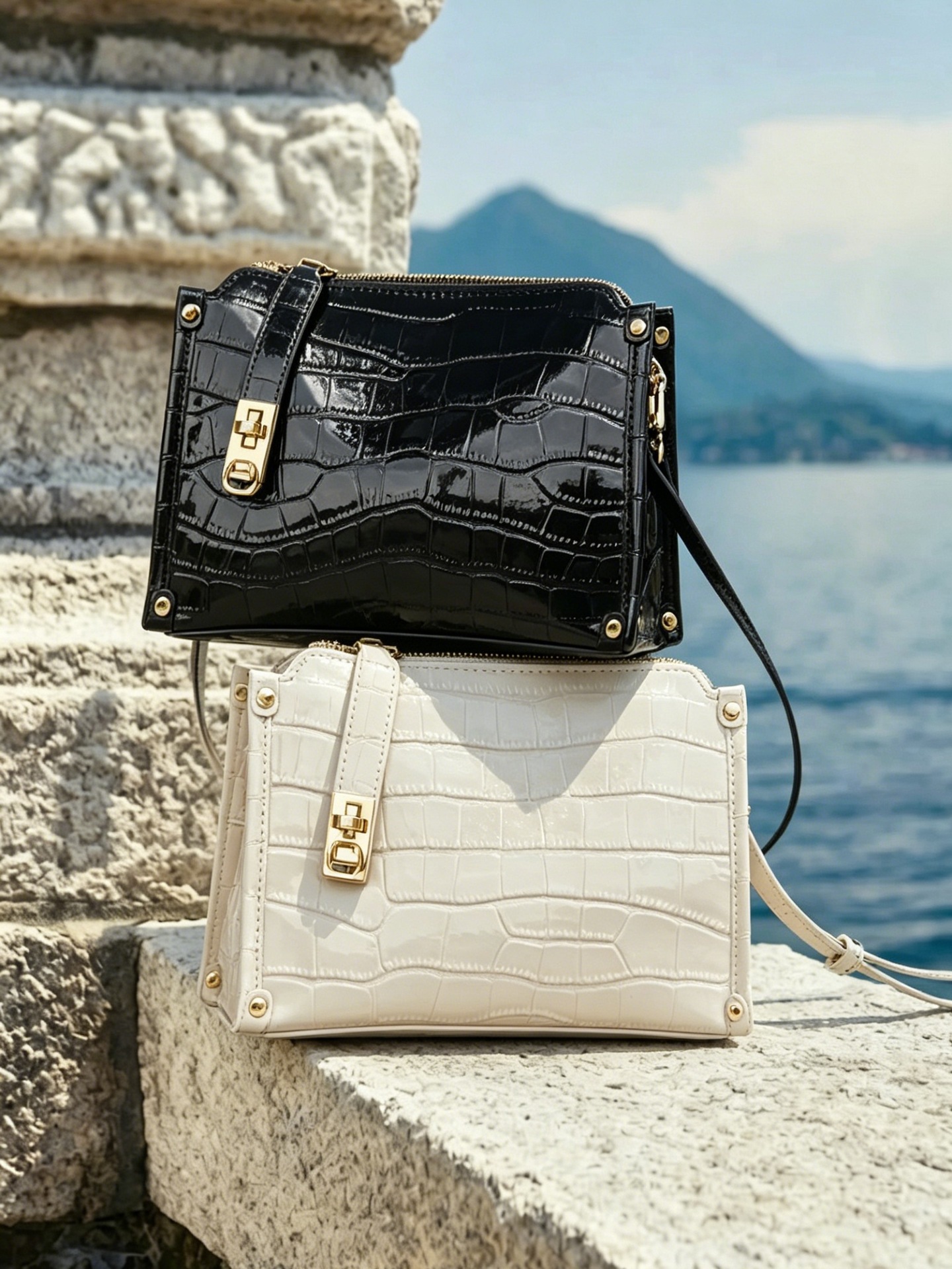 Croc-Pattern Mini Square Shoulder Crossbody — Two-Colour Boutique view 5