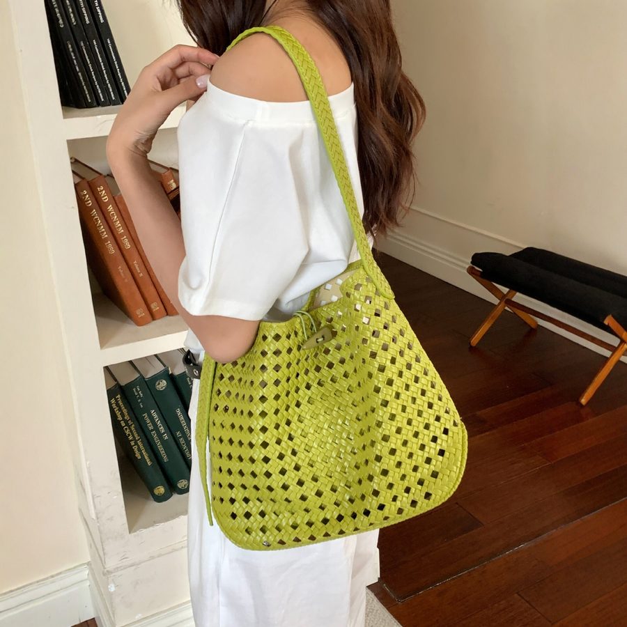 Openwork Woven Soft Leather Tote view 2