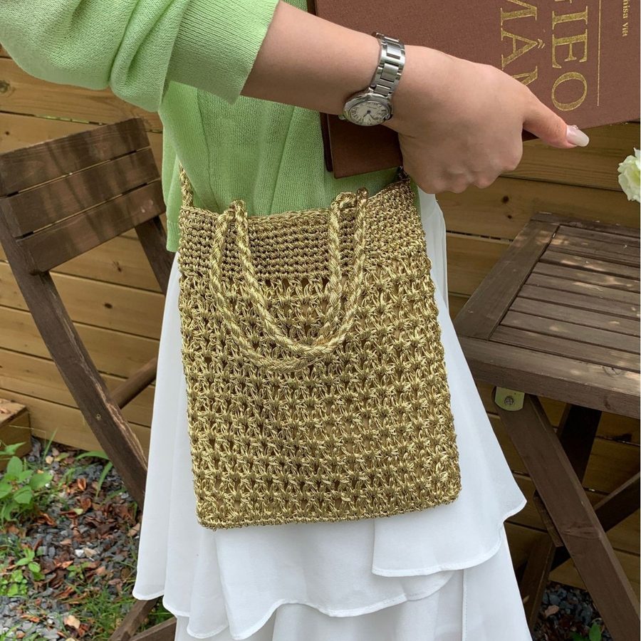 Handwoven Metallic Crossbody Top-Handle Phone Bag