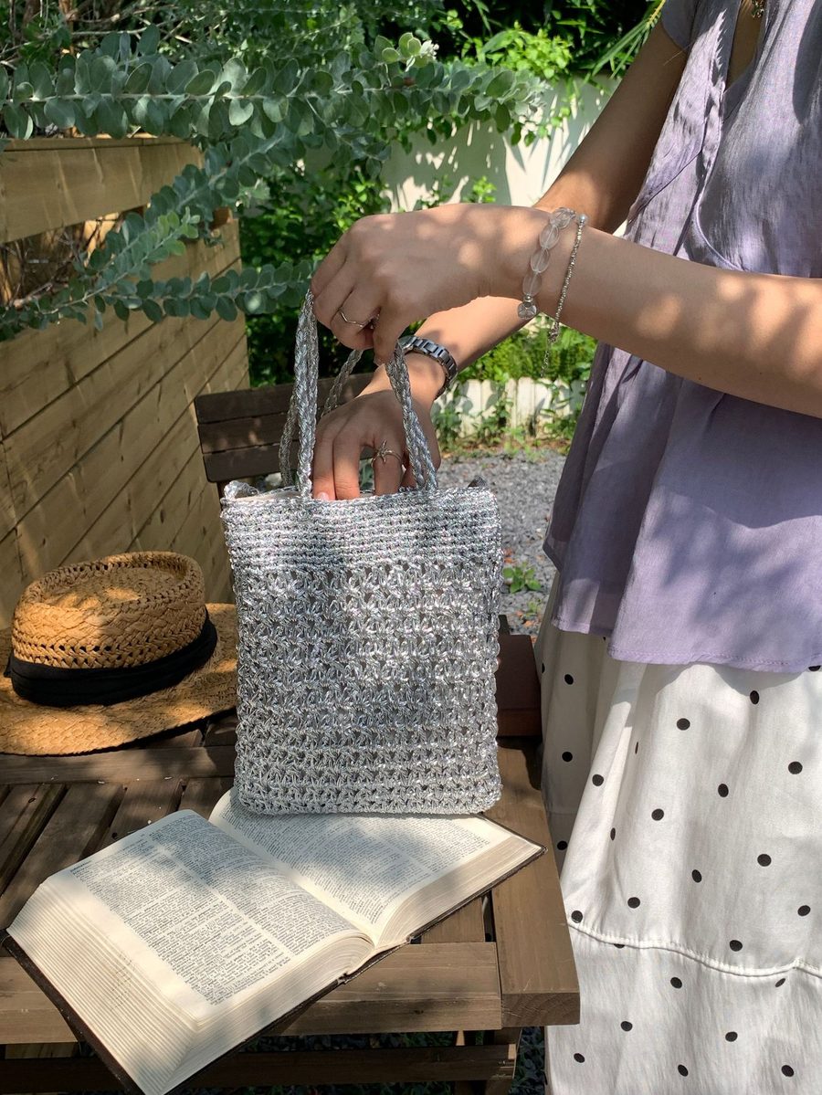 Handwoven Metallic Crossbody Top-Handle Phone Bag view 7