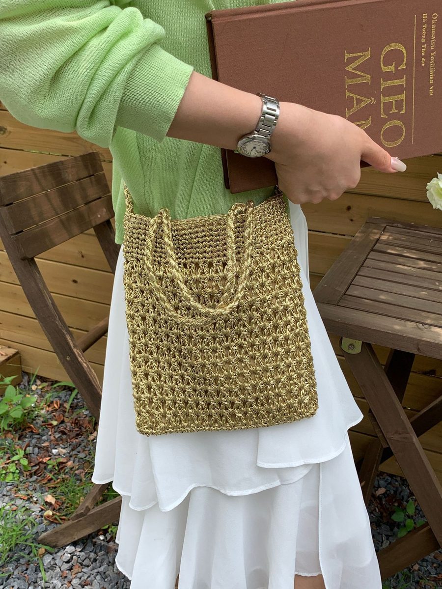 Openwork Woven Top-Handle Crossbody Bag Handmade view 6