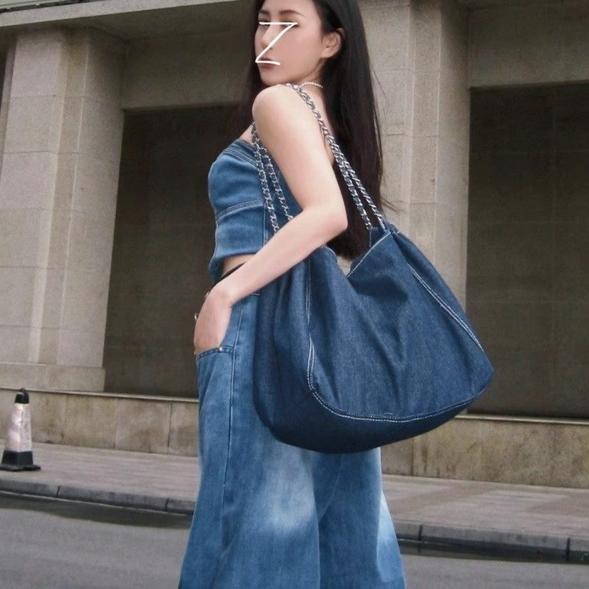Washed Denim Canvas Crossbody Tote Bag