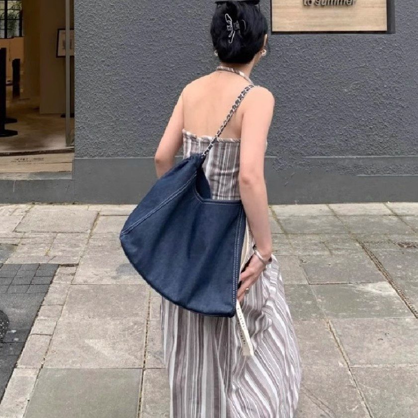 Washed Denim Canvas Crossbody Tote Bag view 2