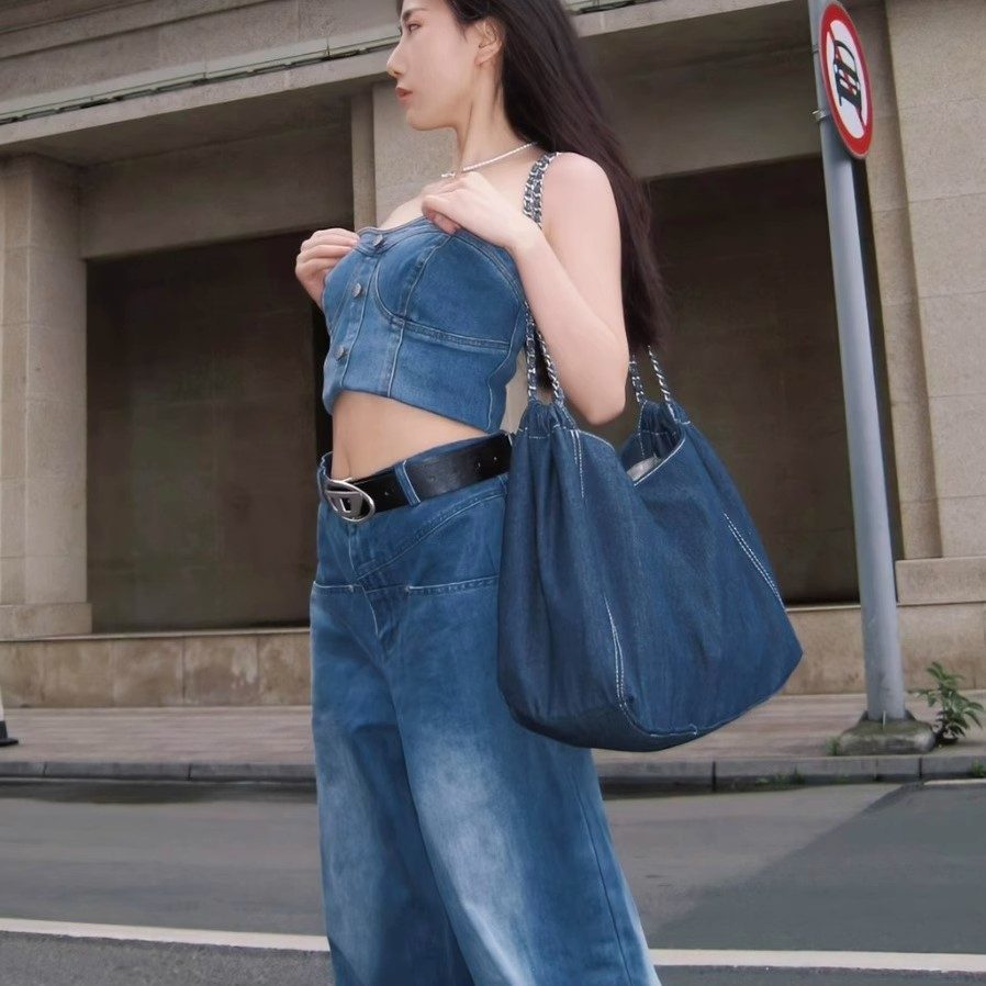 Washed Denim Canvas Crossbody Tote Bag view 3