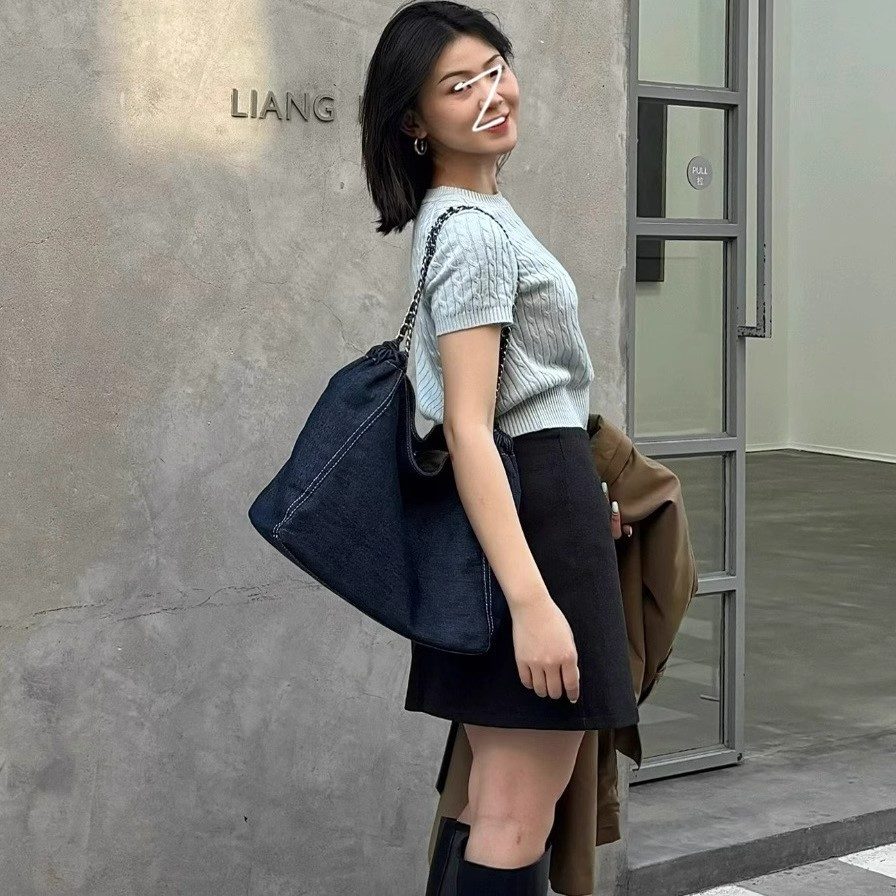 Washed Denim Canvas Crossbody Tote Bag view 4