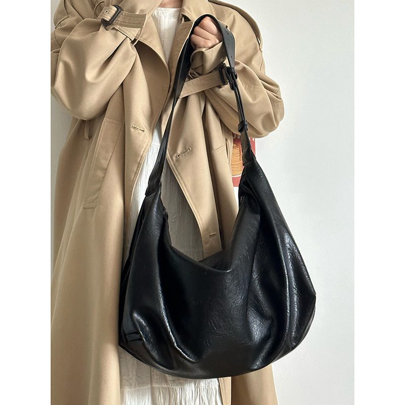 Black Soft Leather Dumpling Tote Bag view 2