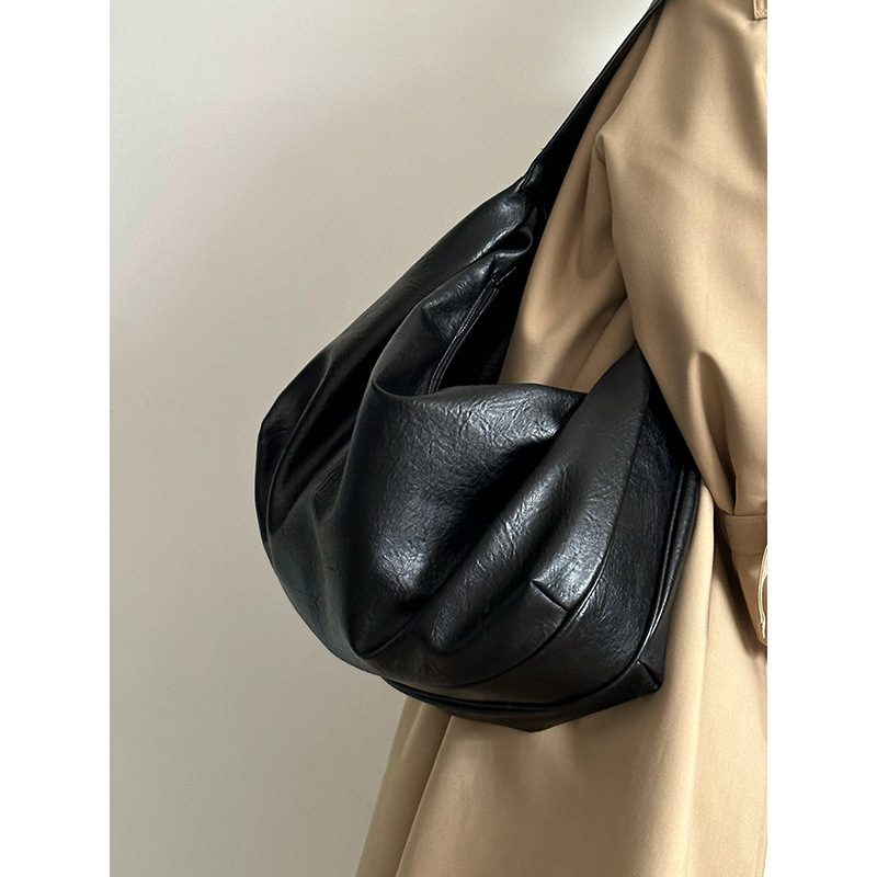 Black Soft Leather Dumpling Tote Bag view 3